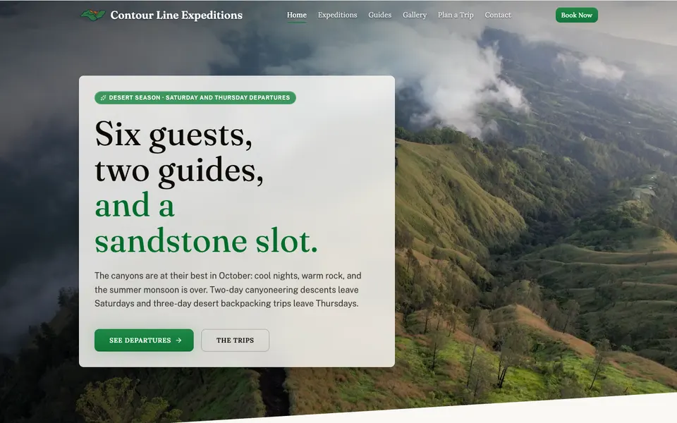 Home page of Contour Line Expeditions, a demo adventures website