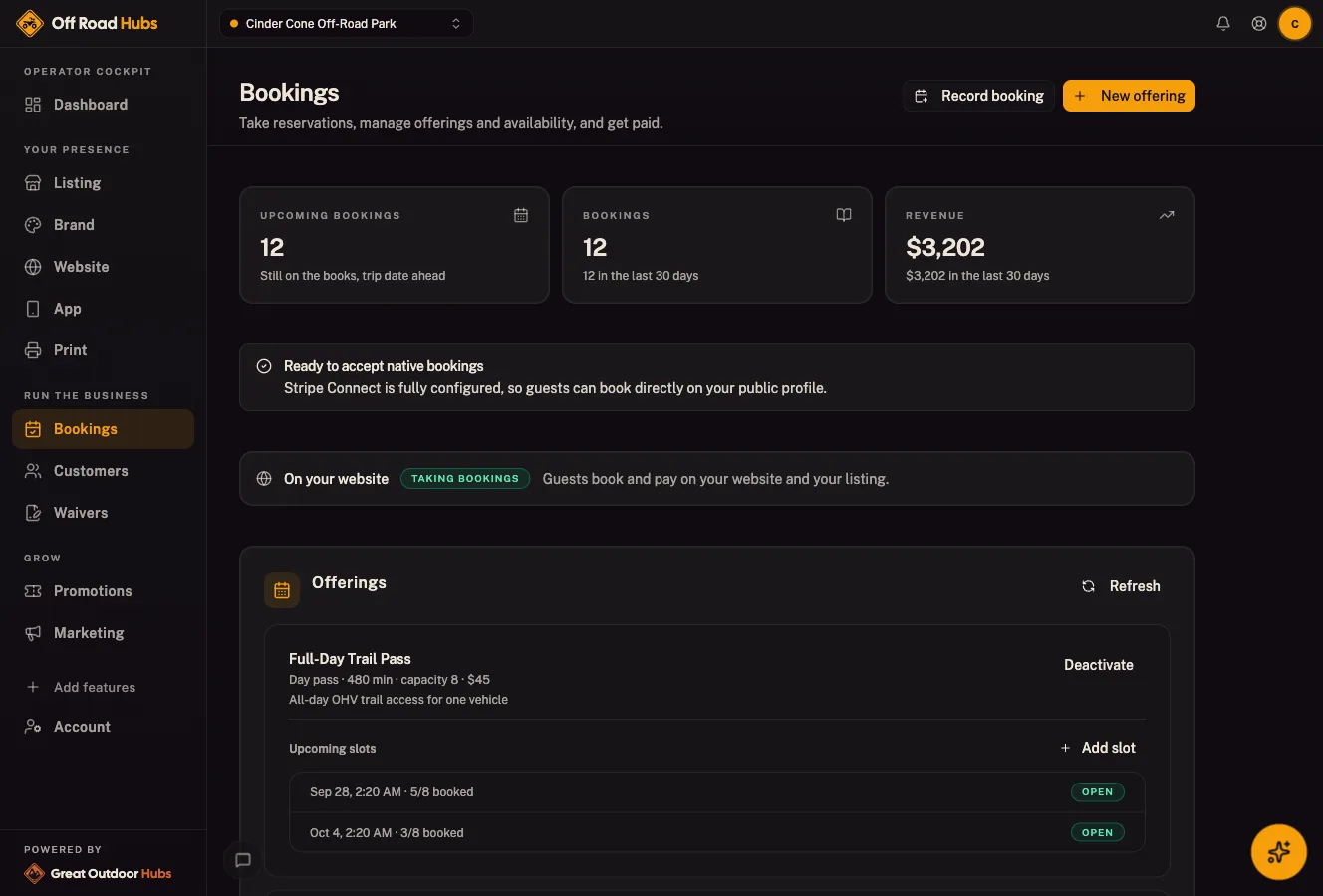 Great Outdoor Hubs cockpit: Bookings & payments