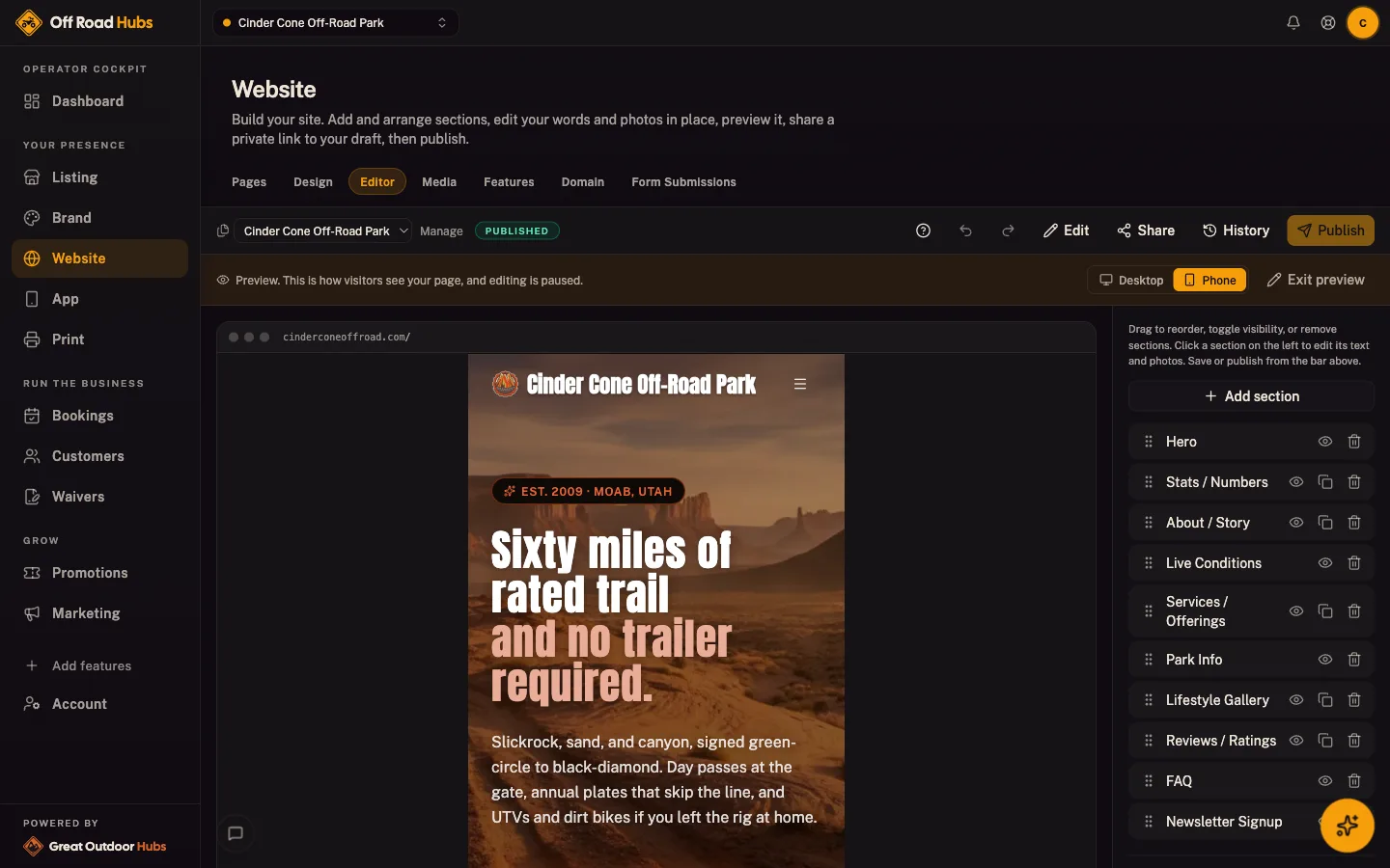Great Outdoor Hubs cockpit: Website builder