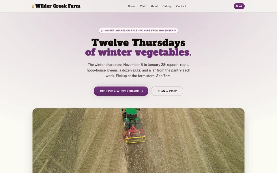 Home page of Wilder Creek Farm, a demo farm country website