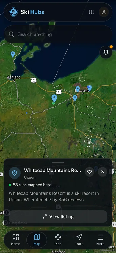 The GoHubs app showing named ski runs with a listing open
