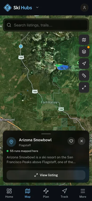 The GoHubs app showing named ski runs with a listing open