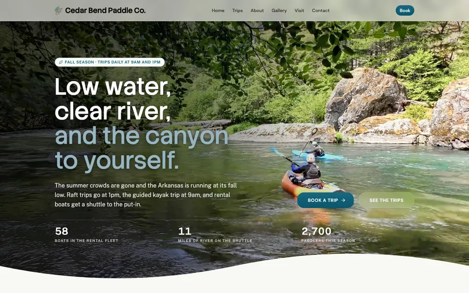 Home page of Cedar Bend Paddle Co., a demo paddling website