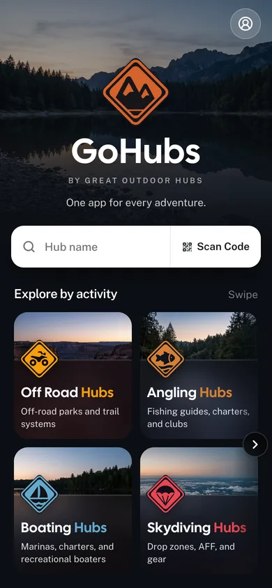 The GoHubs app hub picker, showing a tile for each activity