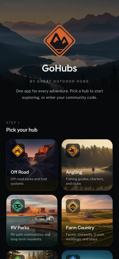 The GoHubs app hub picker, showing a tile for each activity