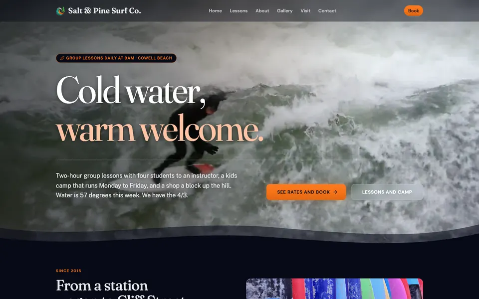 Home page of Salt & Pine Surf Co., a demo surfing website