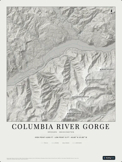 A poster of Columbia River Gorge, Oregon · Washington, drawn over the terrain