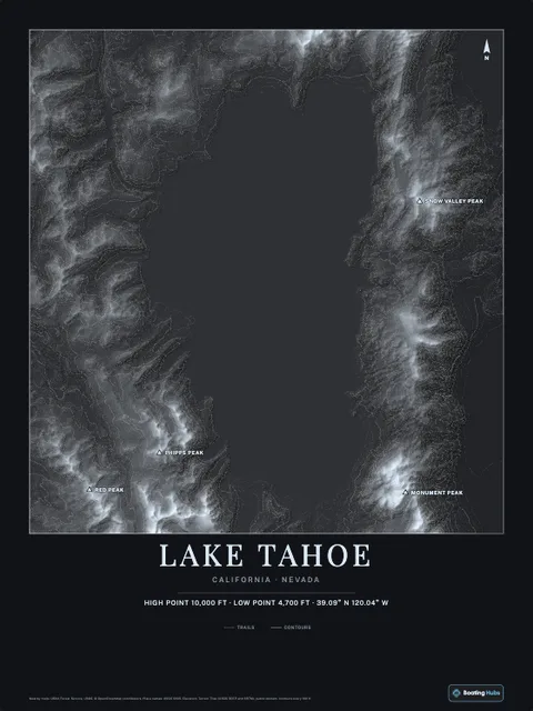 A poster of Lake Tahoe, California · Nevada, drawn over the terrain