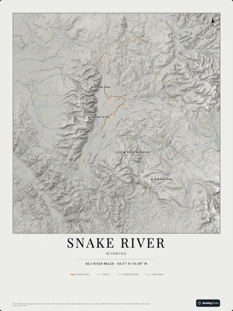 A poster of Snake River, Wyoming, drawn over the terrain