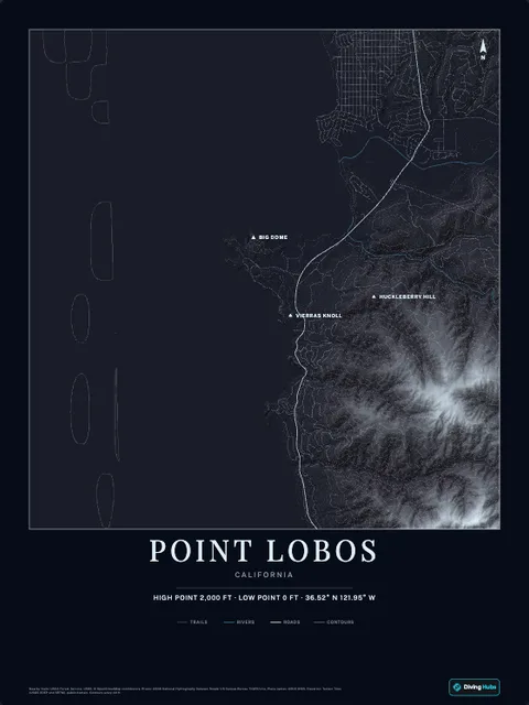 A poster of Point Lobos, California, drawn over the terrain