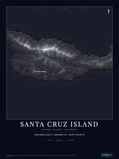 A poster of Santa Cruz Island, Channel Islands · California, drawn over the terrain