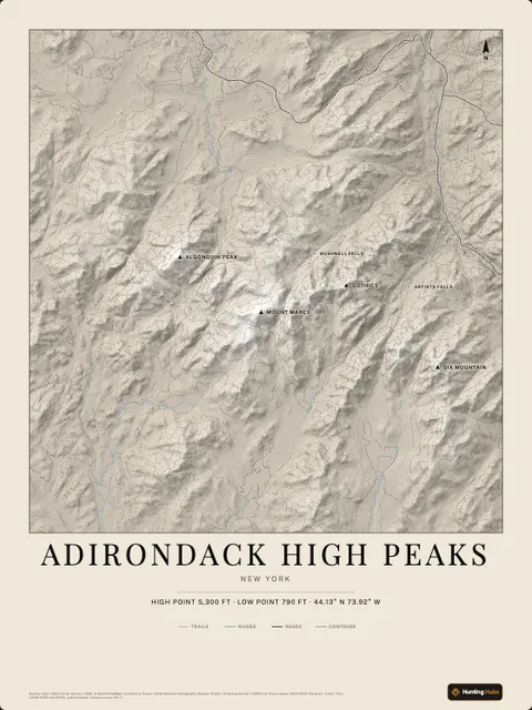 A poster of Adirondack High Peaks, New York, drawn over the terrain