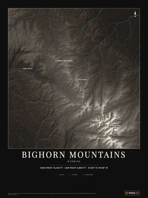 A poster of Bighorn Mountains, Wyoming, drawn over the terrain