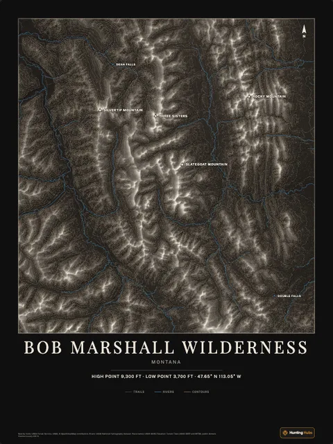 A poster of Bob Marshall Wilderness, Montana, drawn over the terrain