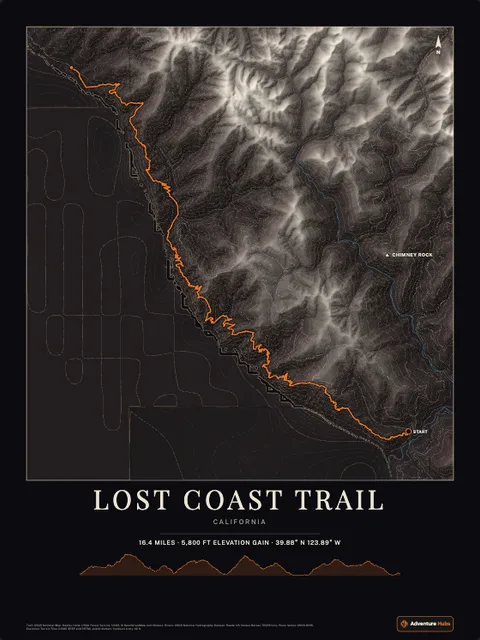 A poster of Lost Coast Trail, California, drawn over the terrain