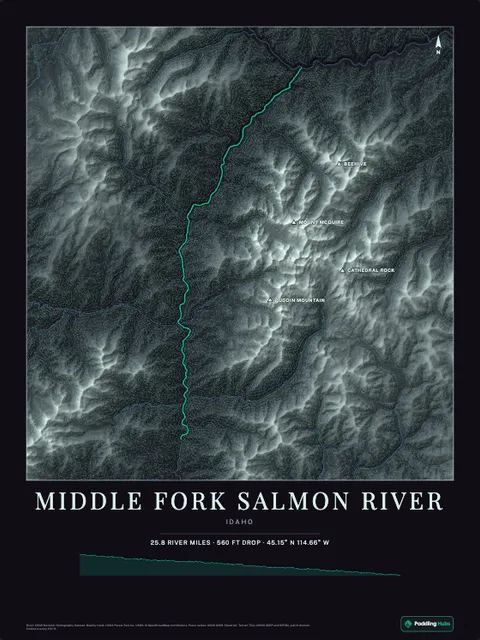 A poster of Middle Fork Salmon River, Idaho, drawn over the terrain