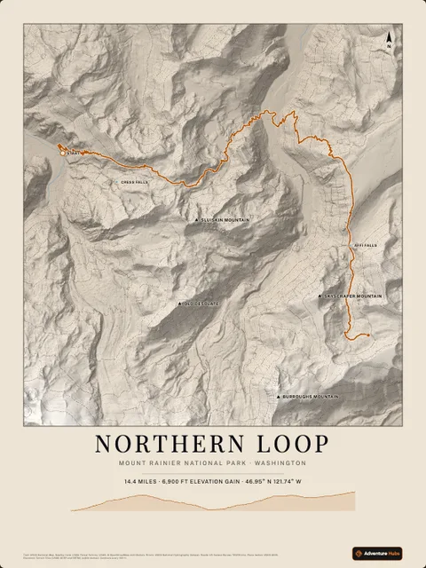 A poster of Northern Loop, Mount Rainier National Park · Washington, drawn over the terrain