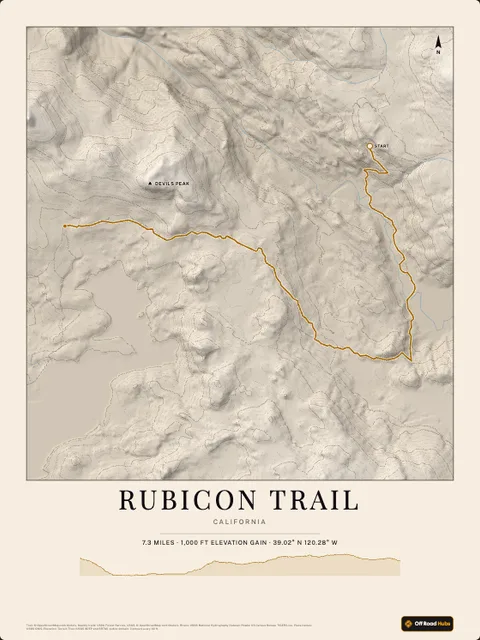 A poster of Rubicon Trail, California, drawn over the terrain