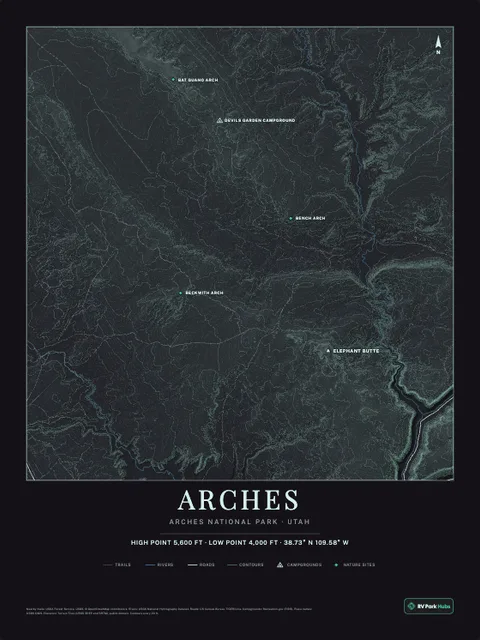 A poster of Arches, Arches National Park · Utah, drawn over the terrain