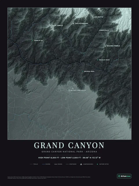 A poster of Grand Canyon, Grand Canyon National Park · Arizona, drawn over the terrain