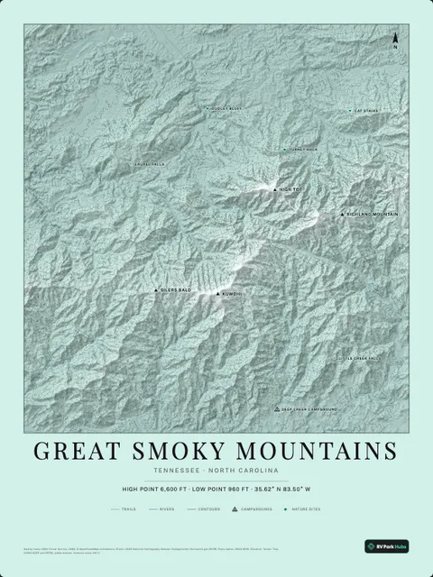 A poster of Great Smoky Mountains, Tennessee · North Carolina, drawn over the terrain