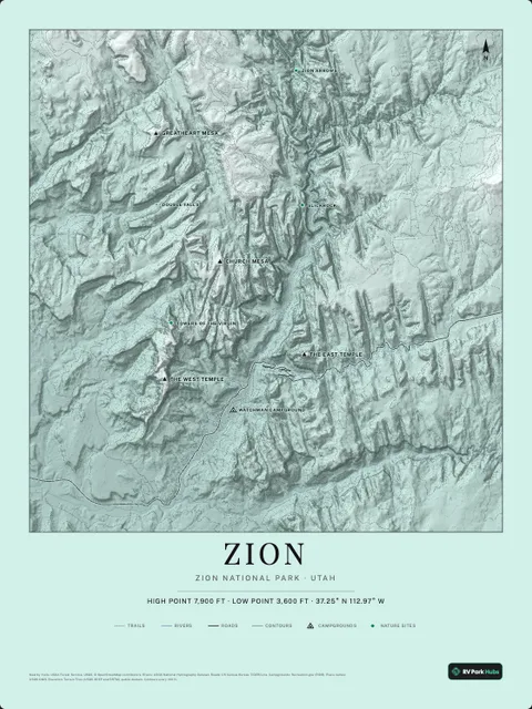 A poster of Zion, Zion National Park · Utah, drawn over the terrain