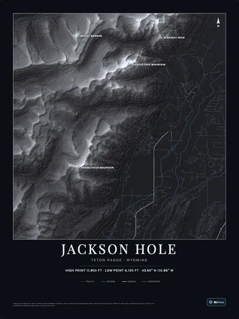 A poster of Jackson Hole, Teton Range · Wyoming, drawn over the terrain