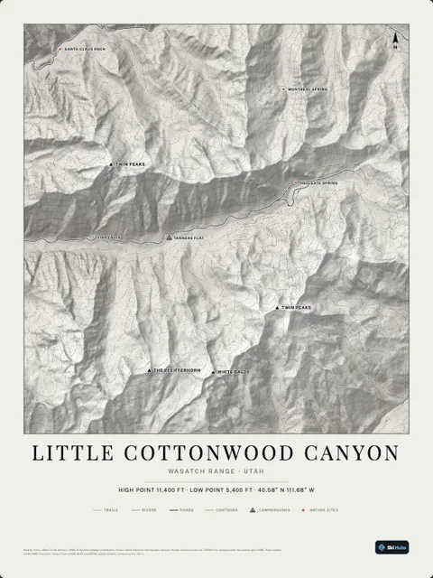 A poster of Little Cottonwood Canyon, Wasatch Range · Utah, drawn over the terrain