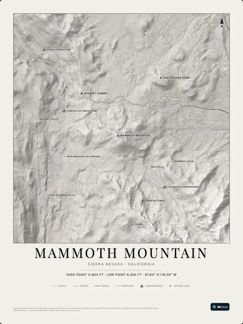 A poster of Mammoth Mountain, Sierra Nevada · California, drawn over the terrain