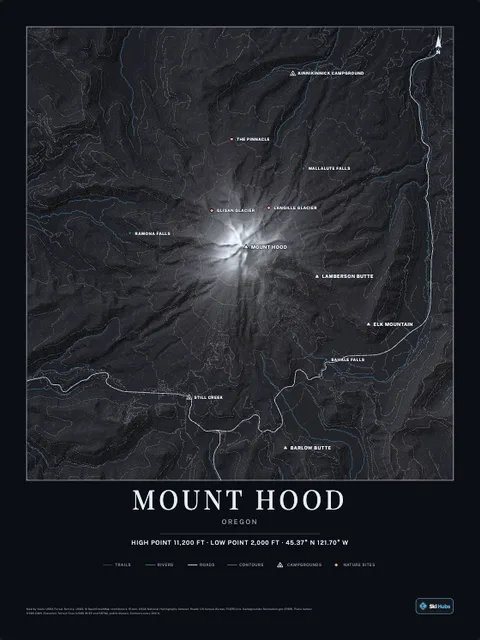 A poster of Mount Hood, Oregon, drawn over the terrain