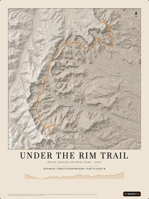 A poster of Under the Rim Trail, Bryce Canyon National Park · Utah, drawn over the terrain