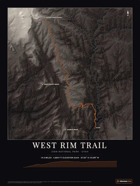 A poster of West Rim Trail, Zion National Park · Utah, drawn over the terrain