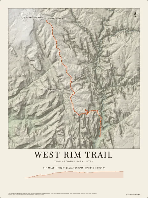 A cream poster of West Rim Trail, Zion National Park · Utah