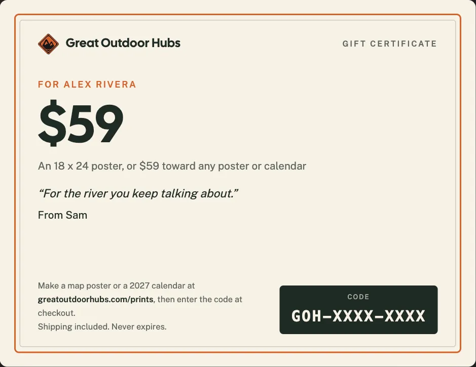A printed gift certificate for a $59 map poster, with its code